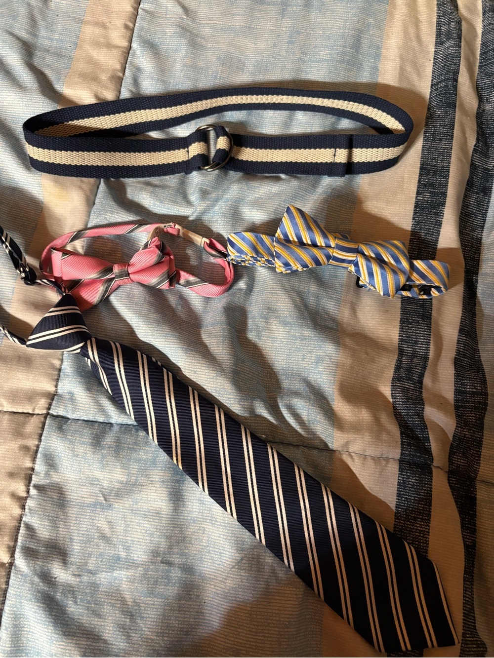 Striped Navy Men's Necktie and Bow Tie Set - Navy, Pink, Yellow and belt